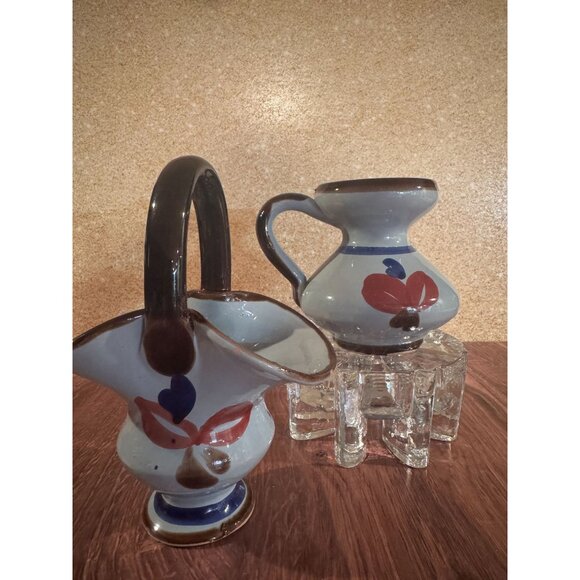 Vintage Hand-Painted Folk Art Pottery – Pitcher & Basket Set - Picture 2 of 14